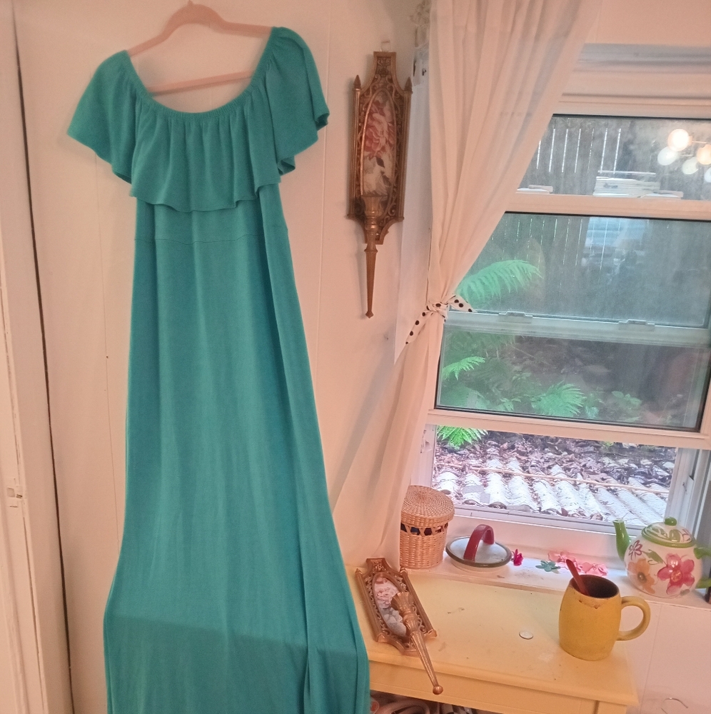 Elegant Teal Maxi DressSuperPretty Ocean Blue Comfy Strechy Ruffle chic Glamour